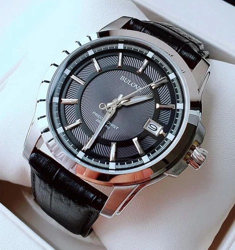 Bulova Precisionist Gray Dial Silver Tone Black Leather Band Men's Watch 96B158