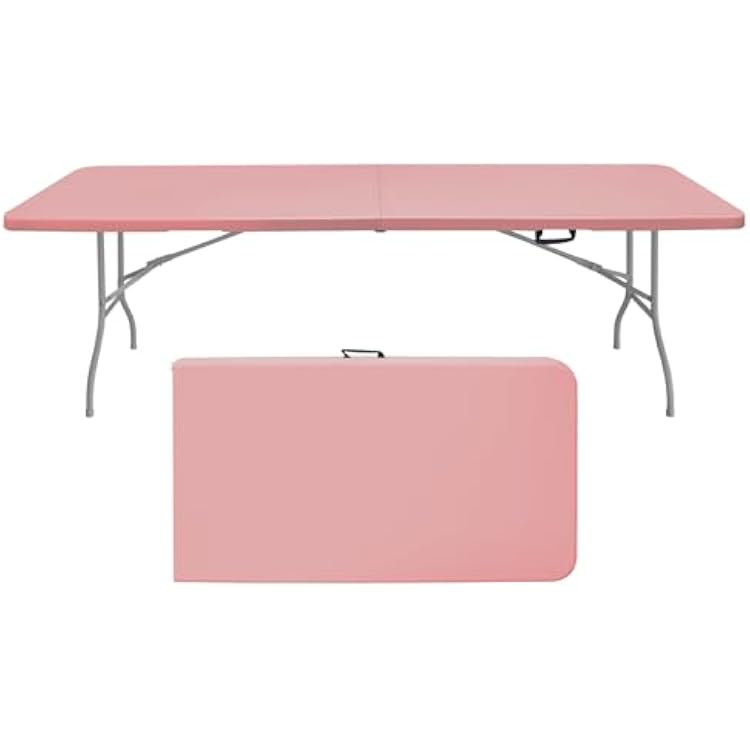 Portable Plastic Folding Table 4ft6ft8ft Heavy Duty White Black Picnic Dining Table Fold-in-Half for Camp Party Kitchen Indoor Outdoor Pink, 8FT