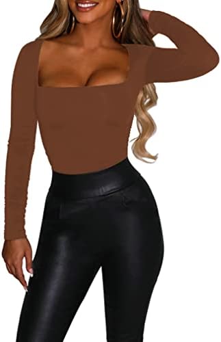 LuFeng Womens Sexy Square Neck Ruched Long Sleeve Bodycon Tops Fitted Casual Evening Party T Shirts