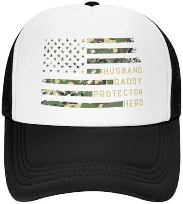 Xpayzere Husband Daddy Protection Hero Trucker Hat for Men, Adjustable Mesh Snapback Camo American Flag Dad Baseball Cap