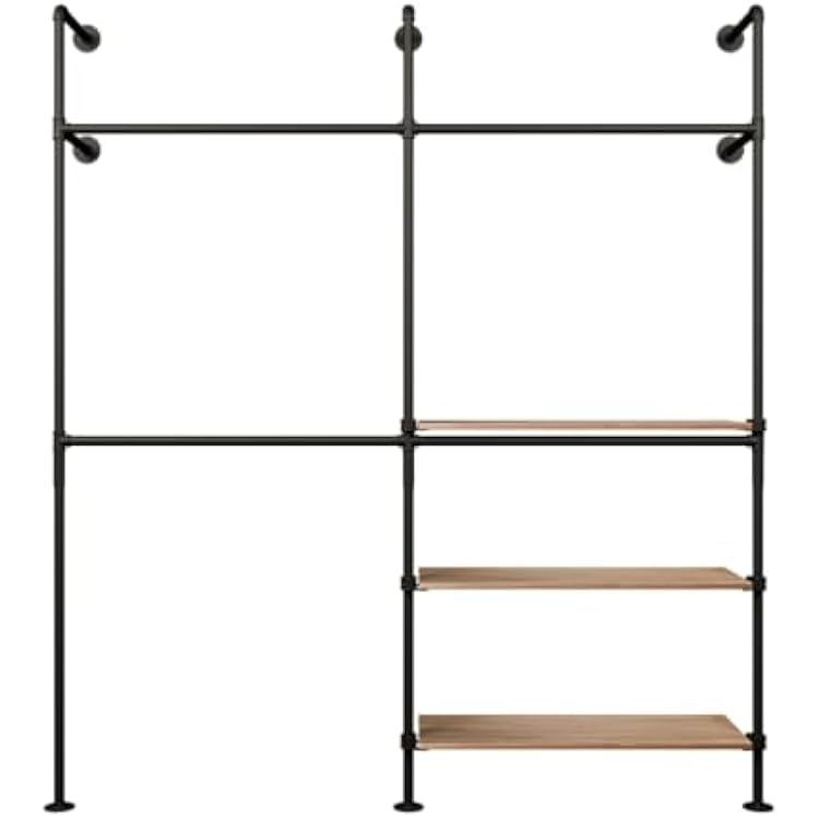 pamo Industrial Pipe Clothing Rack with Shelf Wall Mounted Closet System, Black Powder-Coated Steel, Oak Boards Walk-In Closet Organizer & Retail Clothing Rack