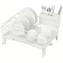 SONGMICS Dish Drying Rack, Kitchen Dish Rack with Drainboard, 360 Rotatable and Extendable Spout, with Cutlery Holder, (12.2-22) x 16.5 x 7.9 Inches, Matte White UKCS552W01