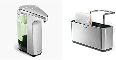 simplehuman 8 oz. Touch-Free Sensor Liquid Soap Pump Dispenser with Soap Sample, Brushed Nickel and simplehuman Slim Sink Caddy Sponge Holder, Brushed Stainless Steel