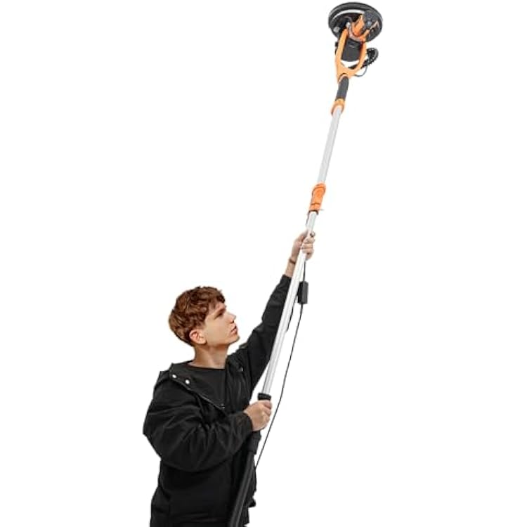 Electric Ceiling Wall Sander with Vacuum Dust Collection, 1250W Variable Speed Drywall Sander, Dustless Drywall Sander, 6 Variable Speed 800-1800RPM, dual Air Duct6PCS Sandpapers, Orange