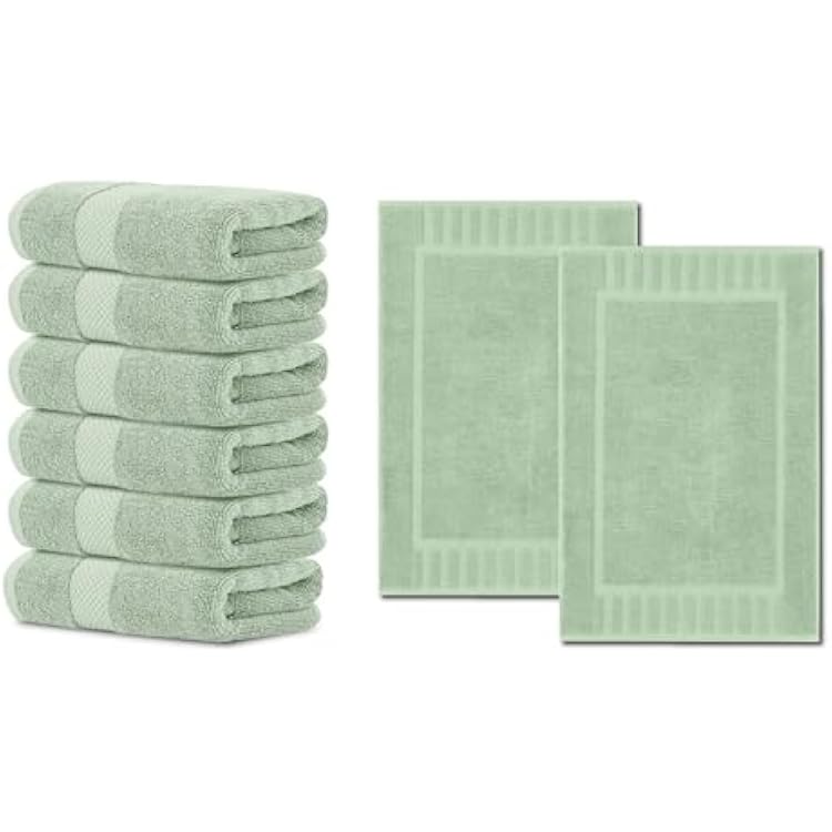 White Classic 6 Luxury Light Green Hand Towels 16 x 30 and 4 Luxury Bath Towels 27 x 54 | Cotton, Highly Absorbent and Quick Dry for Hotels, Spa and Bathroom