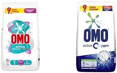 Omo Active Powder Laundry Detergent for Whites and Colored, 9 kg, 60 Washing, 1 Pack (1 x 9000 g) and Omo Active Oxygen Powder Laundry Detergent 9 Kg for Whites