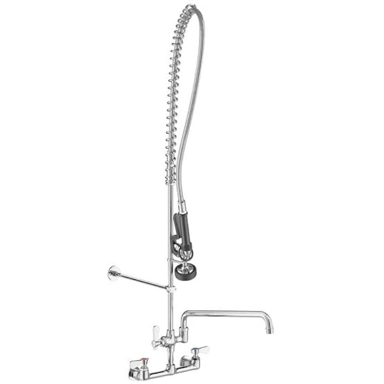 Wall-Mounted Pre-Rinse Kitchen Faucet, Chrome Brass, 8-Inch Centers, 44-Inch Hose, 1.15 GPM Spray Valve with 16-Inch Add-On Faucet