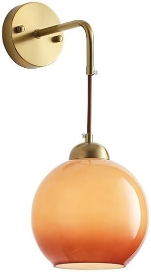 Mid Century Modern Glass Wall Sconce Orange Glass Sphere Ball Antique Brass Hallway Wall Light Hanging Vintage Gold Bedside Wall Lamp for Bedroom Living Room Farmhouse Bathroom