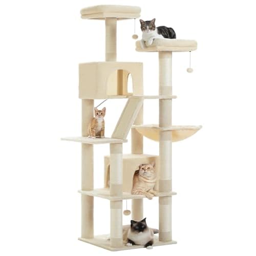 MUTTROS Tall Cat Tree 70.9, Large Cat Tower for Indoor Cats, Multi-Level Plush Cat Condo with 6 Scratching Posts, 2 Scratching Boards, 2 Perches, 2 Caves, Hammock, 2 Pompoms, Beige