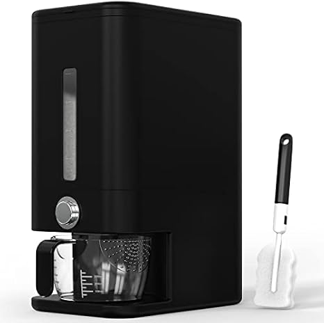 Rice Dispenser - 26.5 lbs Rice Storage Container with Measuring Cup, Rice Scoop & Sponge – Large Cereal Grain Bucket with Scale for Kitchen Pantry Organization, BPA-free, Airtight (Black)