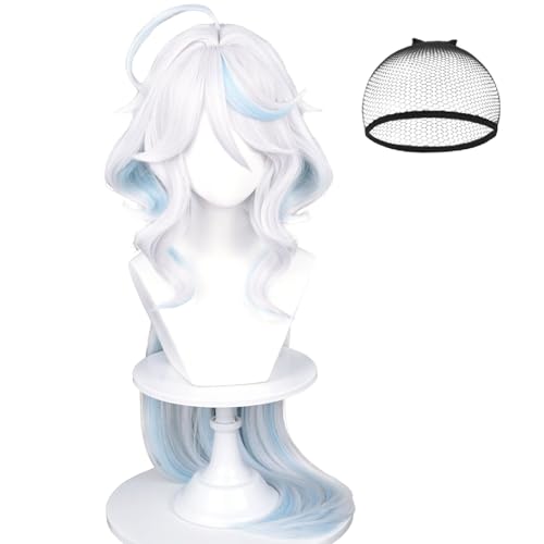 Furina Cosplay Wig for Women White Mixed Blue Wig Focalors Fontaine Blue Highlights Wigs Hair  Elf Ear  Wig Cap for Halloween Comic Con Costume Party
