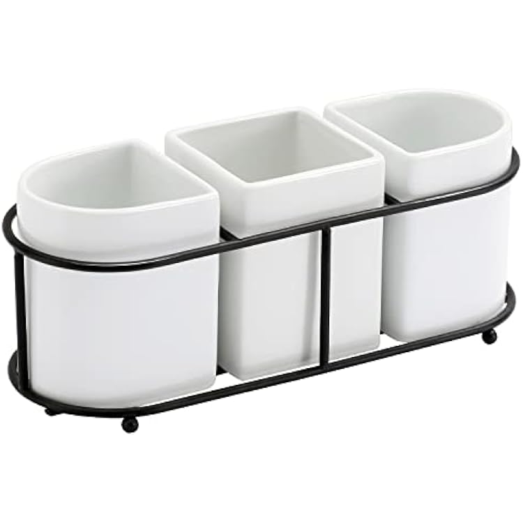 3 Piece Porcelain Flatware Holder Caddy with Metal Rack, Utensil Holder Caddy For Spoons, Knives and Forks Cutlery Organizer