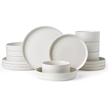 Famiware Star Dinnerware Set with Pasta Bowls, Service for 4 (16pcs), Ribbed Stoneware Plates and Double Bowls Dishes Sets - Chip & Scratch Resistant, Microwave & Dishwasher Safe, Matte White