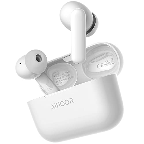 AIHOOR Wireless Earbuds for Music and Sports, Bluetooth 5.3 in-Ear Headphones with Extra Bass, Built-in Mic, Touch Control, USB Charging Case, 30hr Battery Earphones High Gloss White