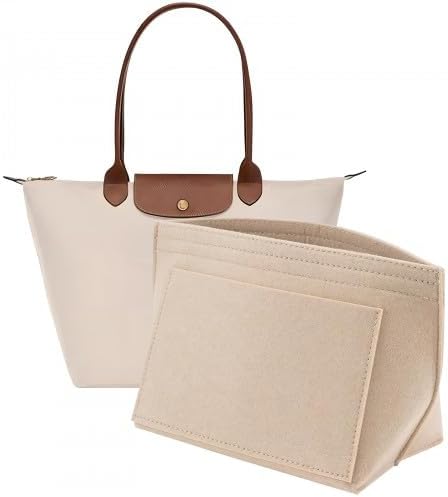 Felt Bag Insert Organizer for Longchamp - Purse Insert With Multiple Pockets, Folding Handbag Storage for Keys Lipstick Coin (Beige, M)