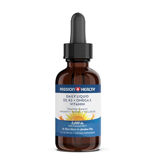 Passion 4 Health Organic Liquid Vitamin D3 K2 Mk-7  Omega 3 Supplement - Liquid Vitamin D Drops 5000IU - Support for Healthy Bones and Muscles