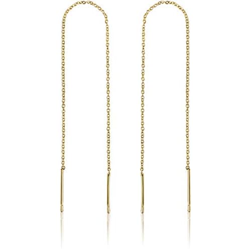 Benevolence LA Gold Dipped Threader Earrings for Women, Pull Through Long Chain Hanging Dainty Drop Earrings, Lightweight Fashion Jewelry, Versatile Everyday Wear, Gift Ready