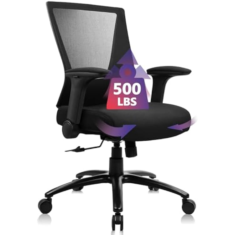 CLATINA Big and Tall Office Chair Heavy Duty Ergonomic Desk Chair 500lbs with Flip-up Arms & Wide Thick Seat Cushion Home Executive Swivel Mesh Chair for Study, Conference, Black