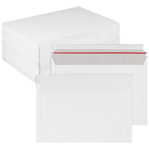 100 Pack A4 Stay Flat Rigid Mailers, 9 x 12 Inch Self Seal White Cardboard Envelopes for Shipping Photos, Documents, Collectibles, 300gsm