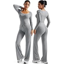 OMKAGI Womens Lounge Set Lace Square Neck Long Sleeve Tops Wide Leg Pants 2 Piece Outfits