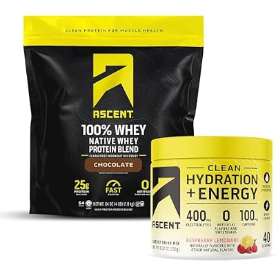 Ascent 100% Whey Protein Powder, Chocolate 4 lb & Hydration  Energy Electrolytes, Raspberry Lemonade 40 Servings