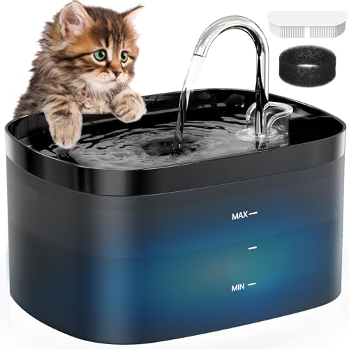 Cat Water Fountain, 84OZ2.5L Cat Fountain, Super Silent Pet Water Fountain, Activated Carbon Filter, Translucent Pet Water Dispenser Suitable for Multiple Pets Family Black