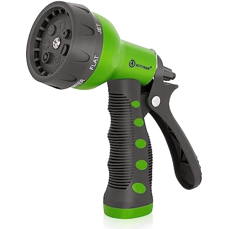 AUTOMAN-Garden-Hose-Nozzle,ABS Water Spray Nozzle with Heavy Duty 7 Adjustable Watering Patterns,Slip Resistant for Watering Plants,Lawn& Garden,Washing Cars,Cleaning,Showering Pets - Green