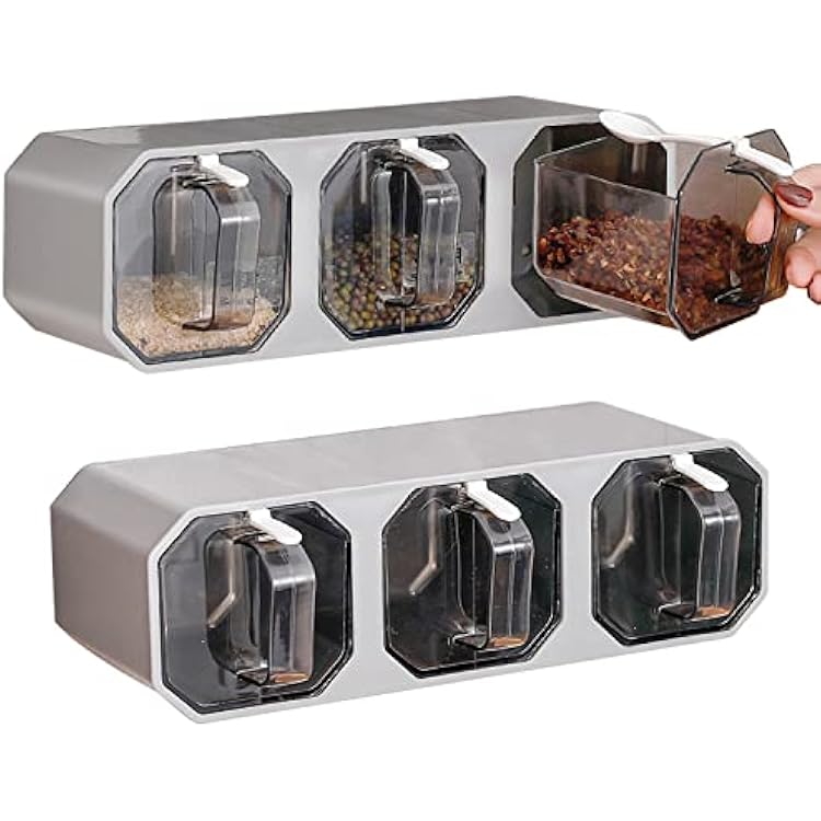 Seasoning Box, 2Pack Clear Seasoning Storage Container Rack Combo Set Wall-Mounted Condiment Jar Spice Canisters with Spoons No punching Kitchen Spice Pots for Kitchen Counter & Food Storage