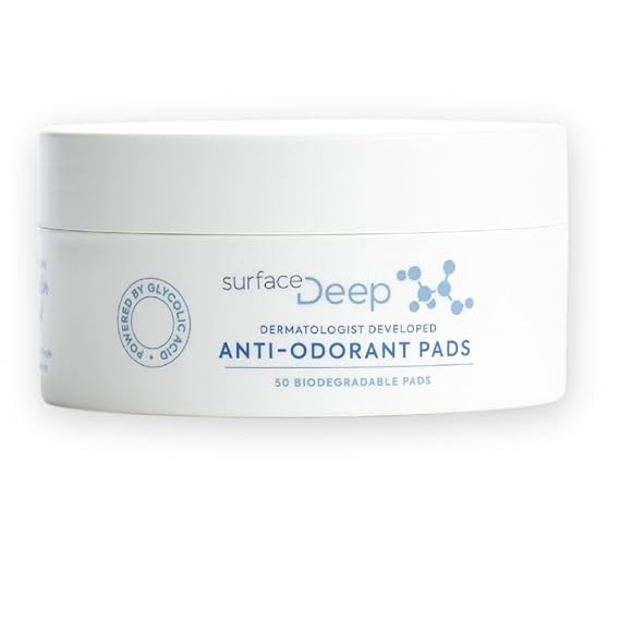 Surface Deep Anti-Odorant Pads Deodorant Odor Prevention & Skin Care in One | 50 Pads in Jar | Dermatologist-Developed | Glycolic Acid Exfoliation | Aluminum-Free, Vegan & Cruelty-Free
