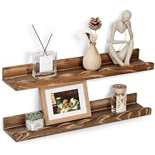 Fun Memories Picture Ledge Shelf for Wall, 16 inch Pine Wood Nursery Book Shelves Set of 4- Wall Book Shelves for Kids Room, Home Decor - Kitchen Spice-Carbonized
