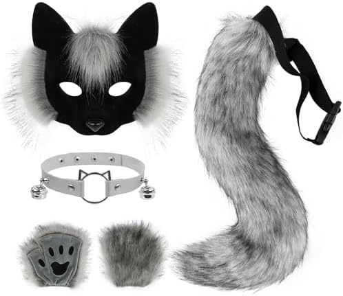 HAOAN Faux Fur Half Face Mask Paw Gloves Wolf Fox Tail and Leather Necklace Set Costume for Halloween Cosplay Party