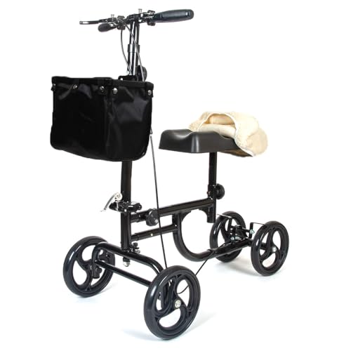 BodyMed Knee Walker, Steerable for Foot Injuries - Adjustable Scooter with Dual Brakes, Detachable Fabric Basket & Cushioned Pad - Better Alternative to Crutches for Leg Recovery
