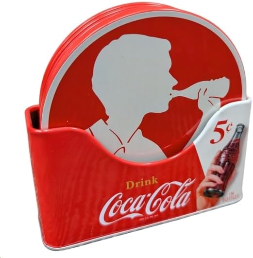 The Tin Box Company Coke 6 pc Coaster Set with Standing Metal Holder, Red