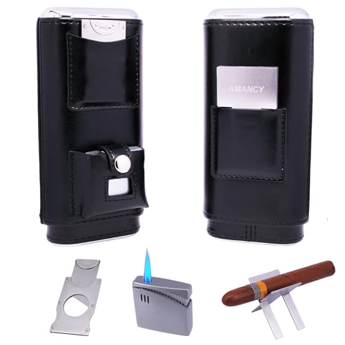 AMANCY Classic Black Leather Cigar Travel Case, Small Portable Cigar Humidor with Cutter, Lighter, Rest Kits Black cigar case with cutter lighter and stand