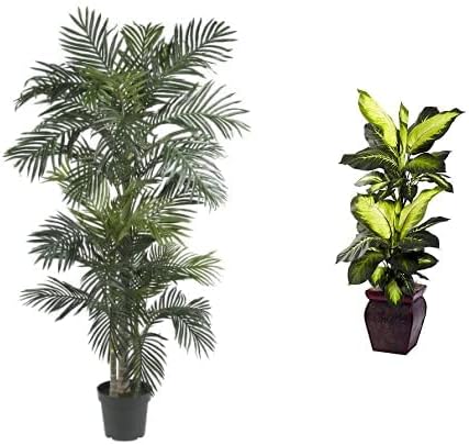 Nearly Natural 5289 6.5ft. Golden Cane Palm Silk Tree, Green and Nearly Natural Golden Dieffenbachia with Decorative Planter, Green 45in.
