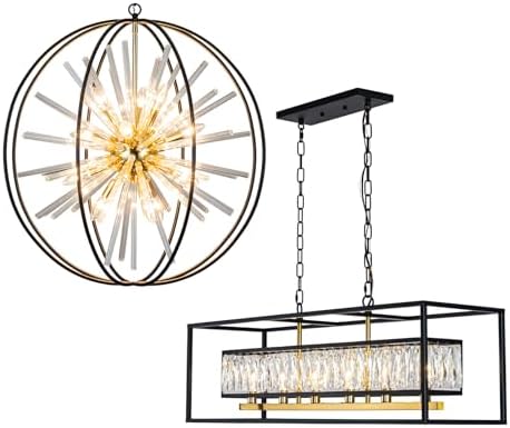 Vezzio Black and Gold Crystal Chandelier Set 12-Light Globe & 6-Light Rectangular Chandeliers for Entryway, Foyer, Dining Room, and Kitchen