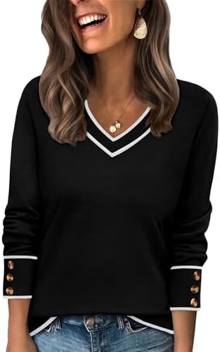 WIHOLL Lightweight Sweaters for Women Long Sleeve V Neck Knit Outfits with Decorative Buttons