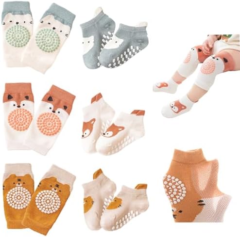 Feidoog Baby Crawling Knee Pads with Anti-Slip Elastic 3 Pairs Knee Pads and 3 Pairs Socks Set,Infant Kneepads for Crawling