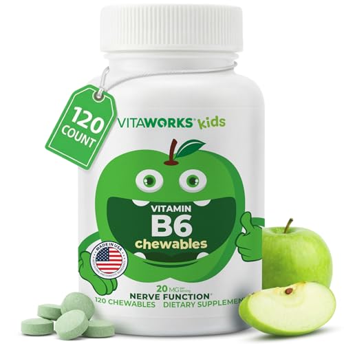 Kids Vitamin B6 Chewable Tablets - 20mg - Great Tasting Green Apple Flavor - Vegan, Non-GMO, Gluten Free, Kosher Vit B6 Pyridoxine - Supports Energy & Brain Function - 120 Chewable Tablets