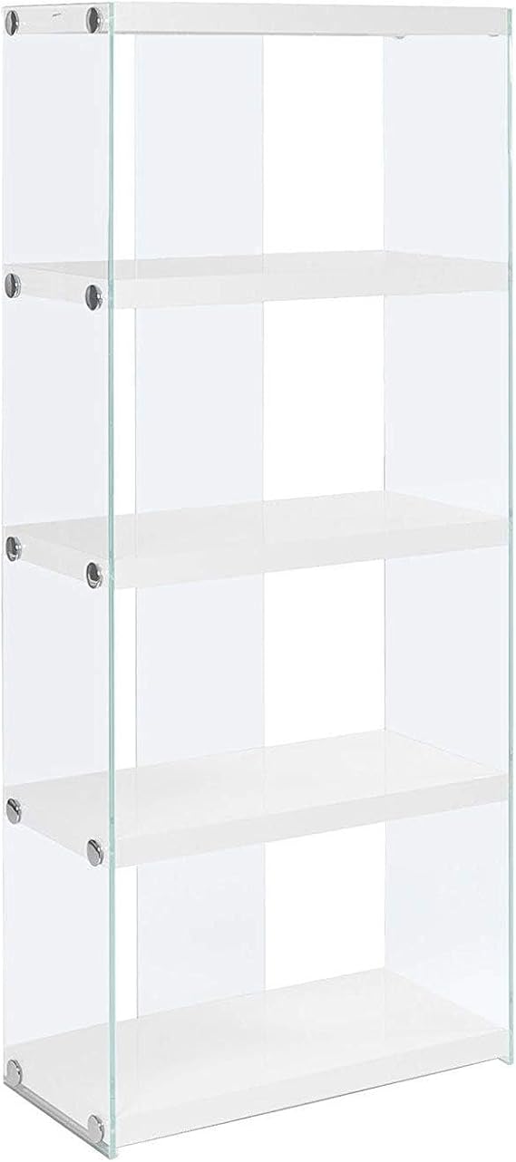 BOWERY HILL Modern Glass 4 Shelf Bookcase, Glossy White Finish, 24 in L x 12 in D x 59 in H, Sleek Contemporary Design for Living Room or Home Office