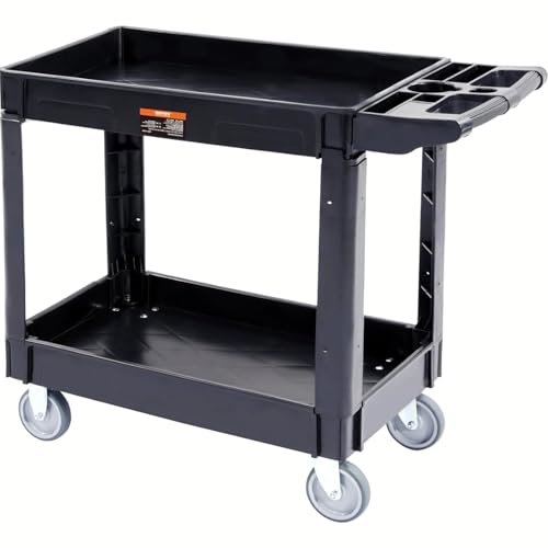 VEVOR Utility Service Cart, 2 Shelf 550LBS Heavy Duty Plastic Rolling Utility Cart, Medium Lipped Shelf, 360 Swivel Wheels, Ergonomic Storage Handle for Warehouse Garage, Black