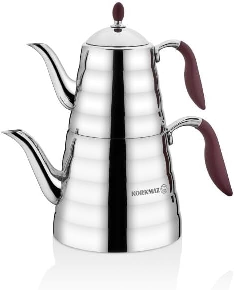Korkmaz A219-01 Viva Turkish Teapot Set for Stovetop, 18/10 Stainless Steel Double Tea Maker with Silicone Handles, Samovar Style Tea Kettle with 37.2 Oz (1100ml) & 84.6 Oz (2500ml)