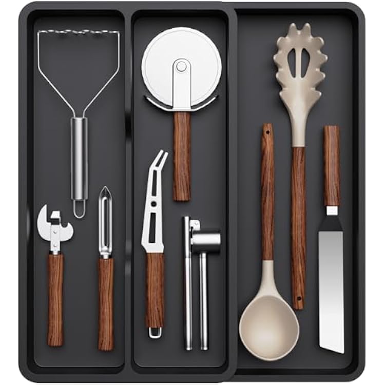 Lifewit Utensil Organizer for Kitchen Drawer, Expandable Cooking Silverware Tray, Adjustable Cutlery Flatware Holder, Plastic Spatula Tools Storage Divider, 14.4 x 15.8, Black