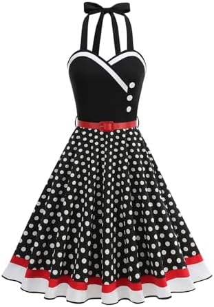 IKADEX Women's Floral Polka Cocktail Dress 1950's Style Buttons Halter Vintage Party Rockabilly Swing Dresses with Belt