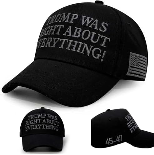 45-47 Baseball Cap Trucker Hat Sports Hat Embroidered with Trump was Right About Everything and USA Flag for Mens Women Dad Mom, Adjustable Strap Closure Black