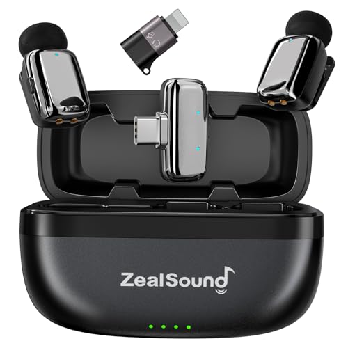 ZealSound Mini Wireless Lavalier Microphone for iPhone iPad Android, Dual Channel Wireless Microphones with Noise Cancellation, Mute & Volume Control, 33H Battery Case, USB-C & Lightning Plug & Play