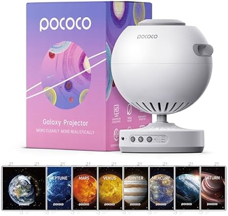 POCOCO Galaxy Star Projector + Immersive Planet Series Discs | 10 Discs Total, Rechargeable, 1W Soft Light, 2 Megapixel Lens, 5K Discs, Realistic Galaxy