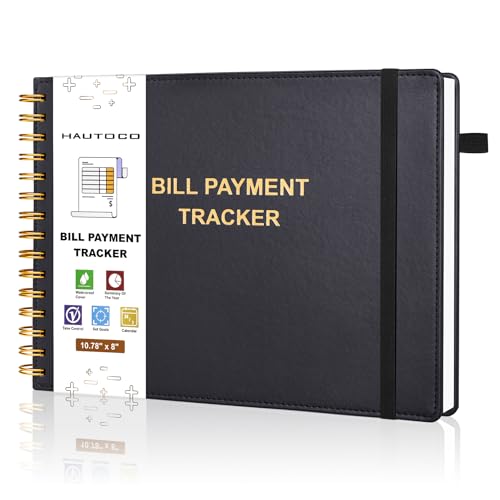 HAUTOCO Hardcover Bill Tracker Notebook Horizontal Monthly Bill Payment Organizer for Personal Budgeting Home Finance with 2 Storage Pocket Expense Checklist Tracking Planner 10.78 x 8, Black