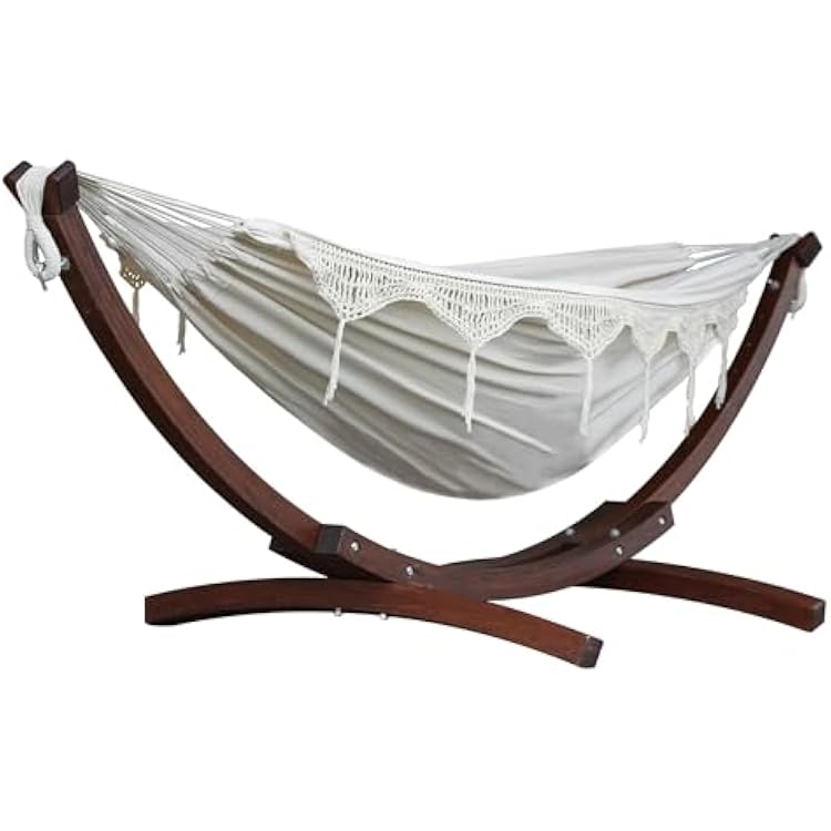 Vivere Double Cotton Hammock with Solid Pine Arc Stand - 450 lb Capacity, Durable FSC Wood Frame, Includes Hardware & User Guide - 450 lb Weight Capacity