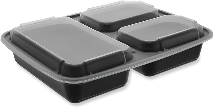 32 oz Microwaveable 3 Compartment Black Rectangular Container Lid Combo 150 CT